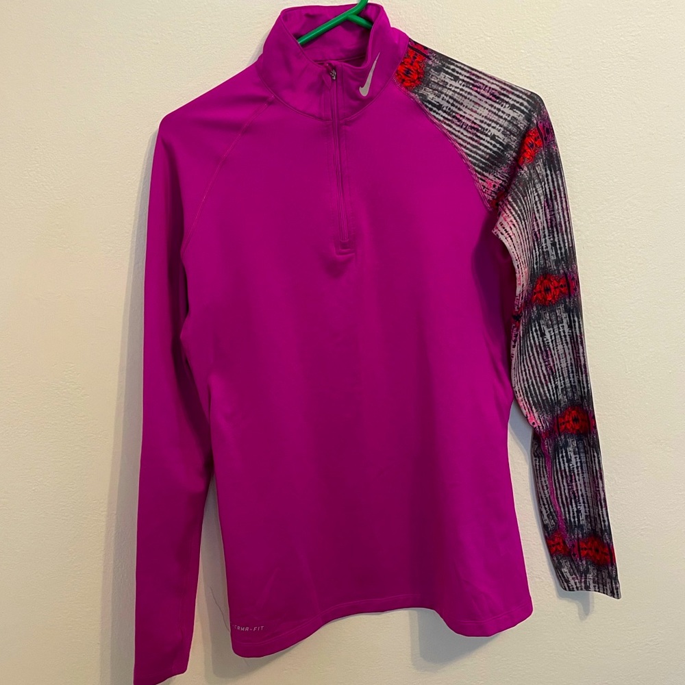 Nike Womens Pro Combat 1/4 zip workout pull over - pink, fitted size Large